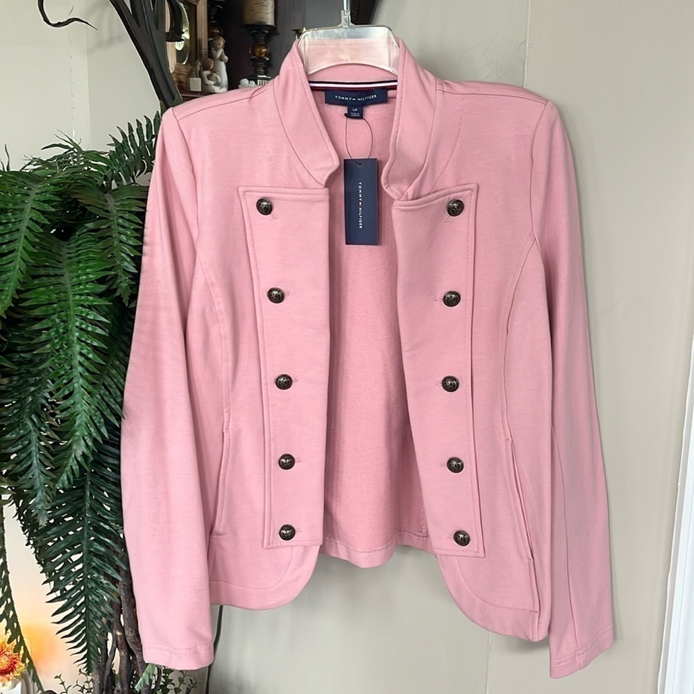 Brand New Tommy Hilfiger Rose Pink Knit Jacket Military Blazer Antique Buttons